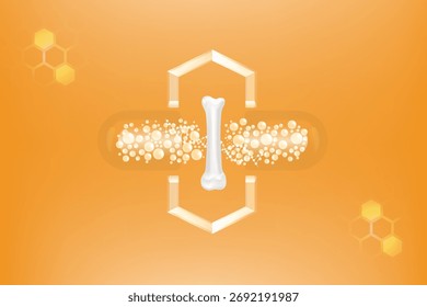 Anuncio de soluciones óseas y articulares, colágeno dorado con fondo publicitario cosmético listo para usar, Vector de ilustración.