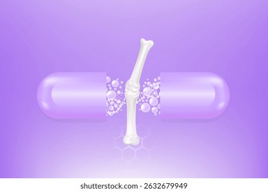 Anuncio de soluciones óseas y articulares, colágeno púrpura con fondo publicitario cosmético listo para usar, Vector de ilustración.