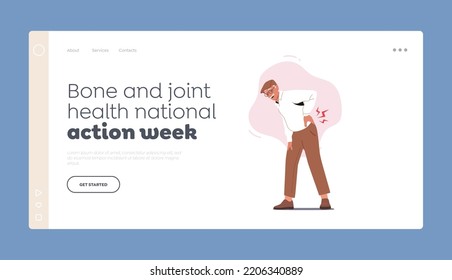 Landing Page Template für Knochen und Gelenke Health National Action Week. Senioren Gesundheitsfürsorge, Medizin, Backache Krankheit Konzept. Alte männliche Charaktere leiden an Rückenschmerzen. Vektorgrafik von Cartoon People