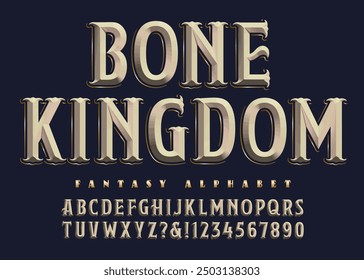 Bone Kingdom is a 3d lettering style with beveled chamfered edges and elegant old world detailing