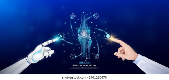 Articulación ósea de rodilla en átomo. Doctor y robot dedo de tocar icono AI símbolo de la cruz. El cuidado de la salud a la inteligencia artificial cyborg o la innovación tecnológica ciencia médica futurista. Banner vector EPS10.