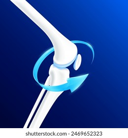 Bone knee joint cartilage surrounded by arrows minerals vitamins. Healthy human skeleton anatomy isolated on blue background. Realistic 3D vector.