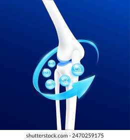 Cartílago articular óseo de rodilla rodeado de flechas Minerales Calcio Magnesio y Vitamina K2 D3. Anatomía del esqueleto humano sano aislado sobre fondo azul. Vector 3D realista.