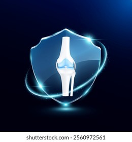 Bone knee in translucent glass shield modern. Surrounded by glowing ring safety guardian. Human anatomy organ on blue background. Medical health care immunity and protection concept. Vector EPS10.