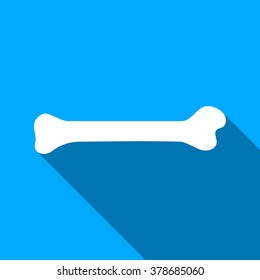 Bone long shadow vector icon. Style is a flat light symbol with rounded angles on a blue square background.
