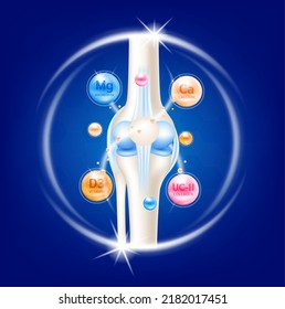 Bone with magnesium, calcium, vitamin D3 and collagen. Supplement bones arthritis knee joint pain in leg on blue background. Medical healthcare skeleton x ray scan concept. Vector EPS10 illustration.