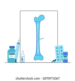 Knochenmark anatomisches Symbol oder Logo. menschliche Knochenstruktur. Ärztestellung, Laborforschung, Tests und ärztliche Untersuchung. Menschlicher Skeletton-Röntgenbild. Medizinisches Poster für klinische Vektorgrafik.