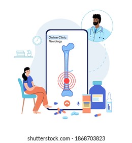 Icono y estructura anatómico de la médula ósea. Aplicación de clínica en línea por teléfono. Cita de médicos, consulta y ayuda por internet. Los órganos internos y el esqueleto de rayos X escanean la ilustración médica de un vector plano.
