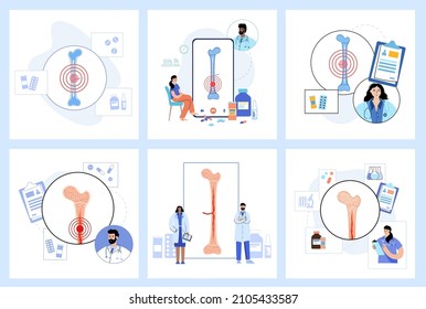 Bone marrow set anatomical poster. Human bone structure and clinic logo. Doctors appointment, consultation and medical exam flat vector illustration. Human skeleton x ray scan medical banner