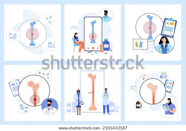 Bone marrow set anatomical poster. Human bone\
structure and clinic logo. Doctors appointment, consultation and\
medical exam flat vector illustration. Human skeleton x ray scan\
medical banner