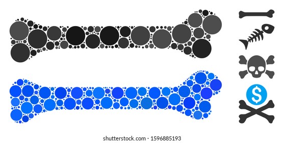 Bone mosaic of circle elements in variable sizes and shades, based on bone icon. Vector circle elements are united into blue mosaic. Dotted bone icon in usual and blue versions.
