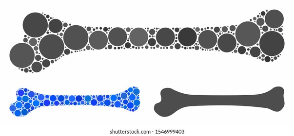 Bone mosaic of small circles in variable sizes and color tones, based on bone icon. Vector small circles are grouped into blue illustration. Dotted bone icon in usual and blue versions.