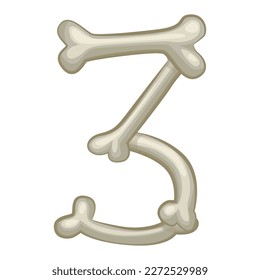 Bone number 3, vector digit three. Cartoon isoled number on white background