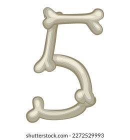 Bone number 5, vector digit five. Cartoon isoled number on white background