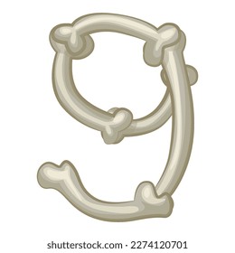 Bone number 9, vector digit nine. Cartoon isoled number on white background