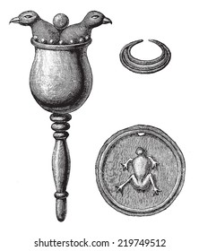 Bone objects found in the tombs of Turbaco, vintage engraved illustration. Le Tour du Monde, Travel Journal, (1872). 