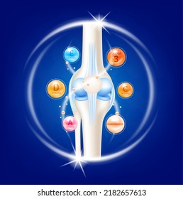 Bone with omega 3, glucosamine and vitamins. Joint treatment arthritis knee pain in leg on a blue background. Medical healthcare skeleton x ray scan concept. Vector EPS10 illustration.