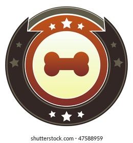 Bone or pet icon on round red and brown imperial vector button with star accents suitable for use on website, in print and promotional materials, and for advertising.