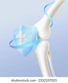 Bone protection and treatment by specialized doctors. Realistic illustration of knee and leg bones with glass shield. media to hospitals, doctors, bone nourishing vitamins. 3d realistic vector file.