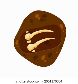 Bone and ridge in ground. Hole in soil. Archaeological discovery. Flat cartoon illustration