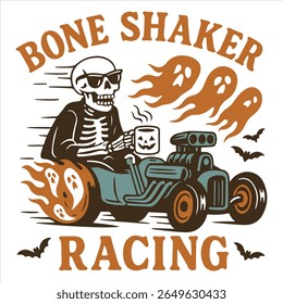 Bone Shaker Racing - Trending Retro Halloween T-shirt Vector, Spooky Halloween Illustration, Scary Holiday Sayings, Funny Spooky Vibes Design