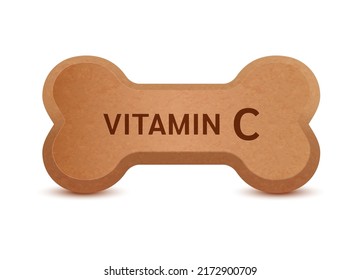 Alimentos secos en forma de hueso para gatos y perros con suplemento dietético de vitamina C huesos artritis canina osteoartritis. Sobre un vector de fondo blanco 3D. Puede usarse para publicitar alimentos para mascotas.