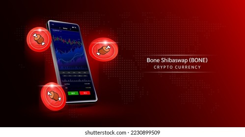 Bone Shibaswap coin and Phone. App for trading crypto currency on the touch screen smartphone. Data analytics stock market. Mobile banking cryptocurrency. Vector 3d. 