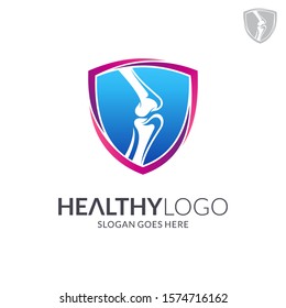 Bone shield logo. Healthy bone Icon. Knee bones and joints care protection logo template. Medical flat logo design. Vector of human body health. Emblem/badge symbol