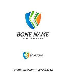 Bone shield logo. Healthy bone Icon. Knee bones and joints care protection logo template. Medical flat logo design. Vector of human body health. Emblem symbol.