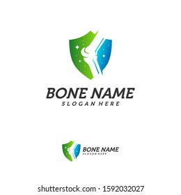 Bone shield logo. Healthy bone Icon. Knee bones and joints care protection logo template. Medical flat logo design. Vector of human body health. Emblem symbol.