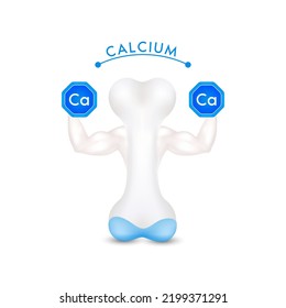 Bone showing strong muscles powerful. Holding a dumbbell blue calcium. Healthy cartilage model isolated on white background. Vitamins minerals care knee joint. Medical concept. Realistic 3D vector.