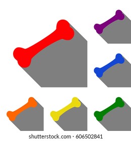Bone sign illustration. Set of red, orange, yellow, green, blue and violet icons at white background with flat shadow.