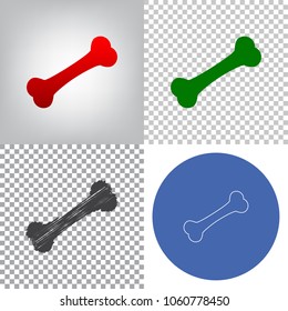 Bone sign illustration. Vector. 4 styles. Red gradient in radial lighted background, green flat and gray scribble icons on transparent and linear one in blue circle.