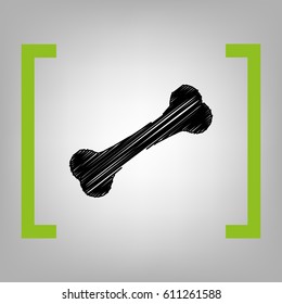 Bone sign illustration. Vector. Black scribble icon in citron brackets on grayish background.