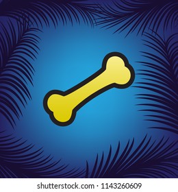 Bone sign illustration. Vector. Golden icon with black contour at blue background with branches of palm trees.