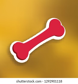 Bone sign illustration. Vector. Magenta icon with darker shadow, white sticker and black popart shadow on golden background.