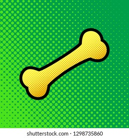 Bone sign illustration. Vector. Pop art orange to yellow dots-gradient icon with black contour at greenish background.