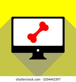 Bone sign illustration. Vector. Red icon on white monitor of black all-in-one desktop computer with two shadows at yellow background.