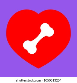 Bone sign illustration. Vector. White icon in red heart at lavender background.