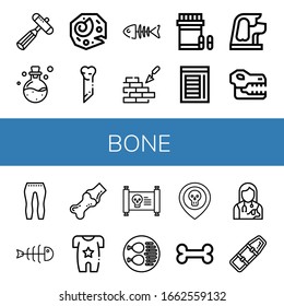 bone simple icons set. Contains such icons as Neurology reflex hammer, Poison, Fossil, Bone, Fish bone, Brickwall, Analgesic, Chamber, Dog, can be used for web, mobile and logo