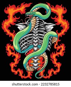 Bone Skeleton with snake on fire