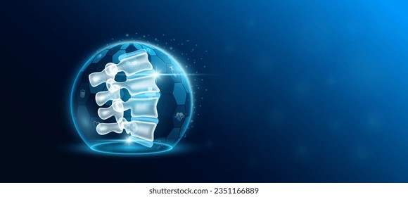 Bone spine human organ inside transparent dome shield protection futuristic with medical icon. Technology innovation health care. Empty space for text. Medical science ads website banner. Vector.