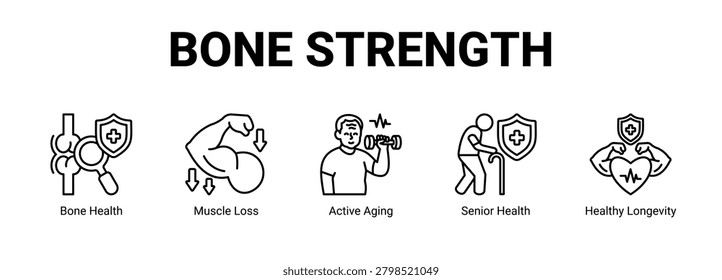Bone Strength web banner icon concept, with Bone Health, Muscle Loss, Active Aging, Senior Health.
