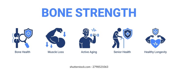 Bone Strength web banner icon concept, with Bone Health, Muscle Loss, Active Aging, Senior Health.