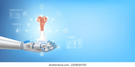 Bone structure float away from in robot hand. Futuristic medical cybernetic robotics technology. Innovation artificial intelligence robot assist care health. With copy space for text. 3D Vector.