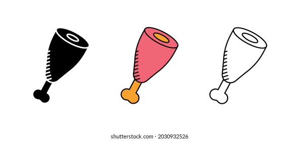 Juego de iconos de la carne del muslo óseo. Parrilla barbacoa. Para recolectar. Estos iconos contienen iconos de comida caliente. Es un conjunto de colores, siluetas y dibujos finos.