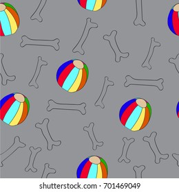 Bone, toy for a dog and a bright ball seamless pattern. sketch in a naive manner. Freehand drawing vector  with doodles. seamless pattern.

