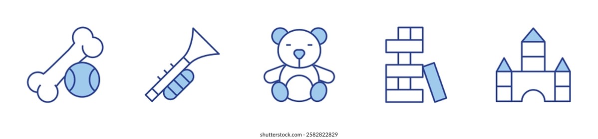 bone, trumpet, jenga, teddy bear, toy blocks. Toys Icon vector illustration. Line Duotone style. Editable stroke.