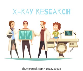 Bone x-ray research radiology for orthopedic surgery with patient physician and medical assistant cartoon vector illustration 