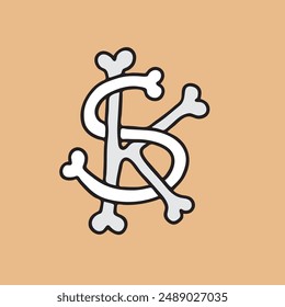 Boned letter SK monogram, bone logo, handrawn KS initial logo, playful skully logo